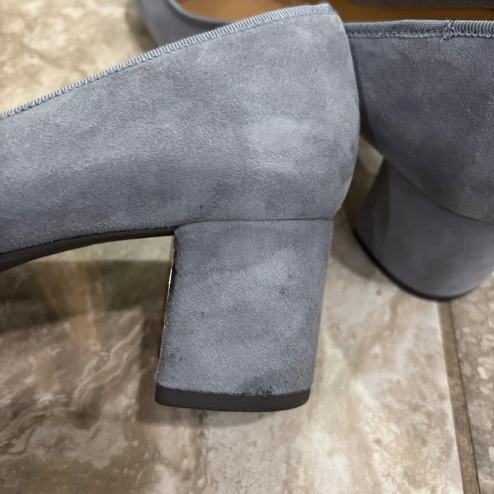 Tory Burch Laila Driver Pumps Gray Suede Gold Logo Block‎ Heel Round Toe sz 11